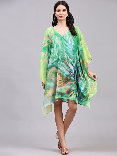 green relaxed fit v neck printed kaftan dress - 19967953 -  Standard Image - 0