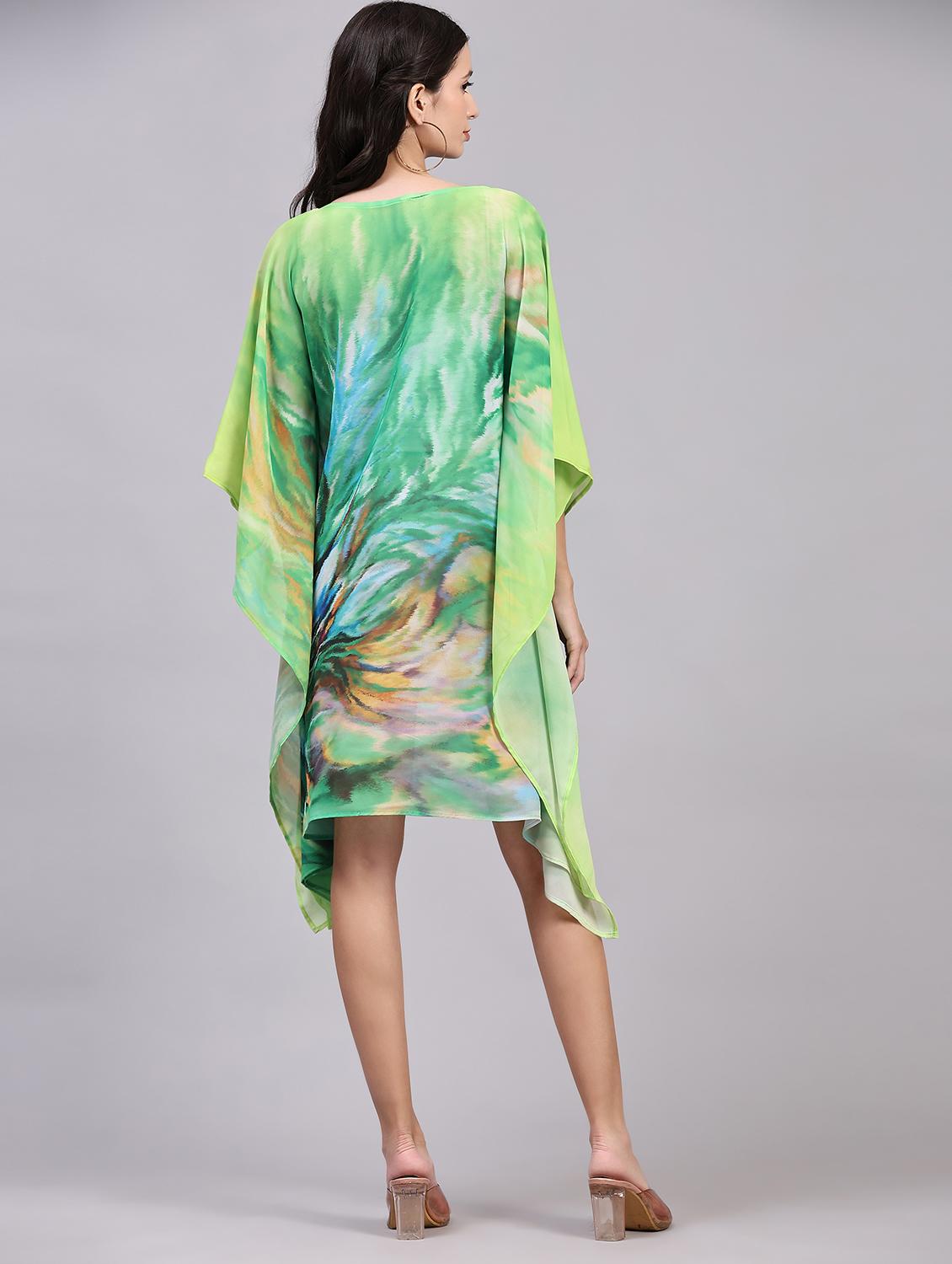 green relaxed fit v neck printed kaftan dress - 19967953 - Standard Image - 3