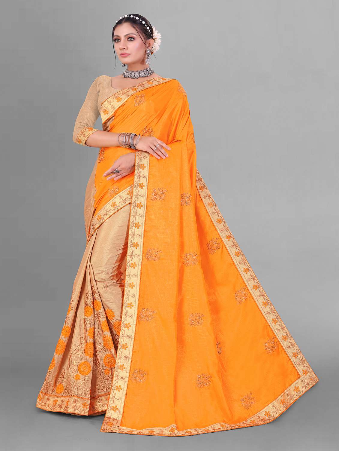 yellow printed half and half saree with blouse - 19968058 -  Zoom Image - 0