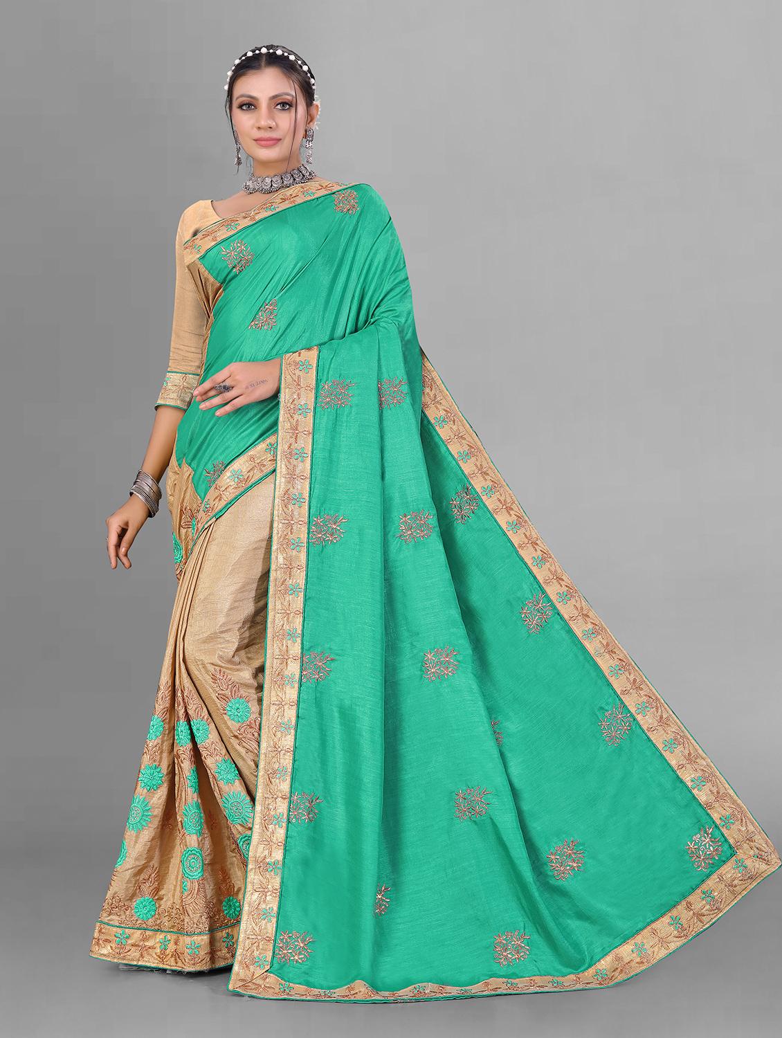 green printed half and half saree with blouse - 19968060 -  Zoom Image - 0