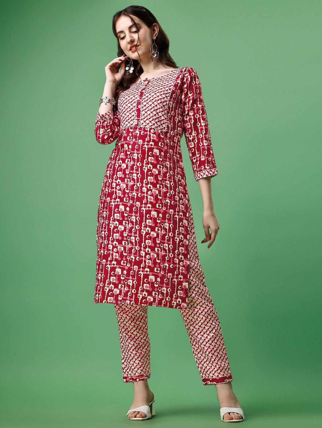 red cotton blend kurta pant  set - 19968080 -  Zoom Image - 0