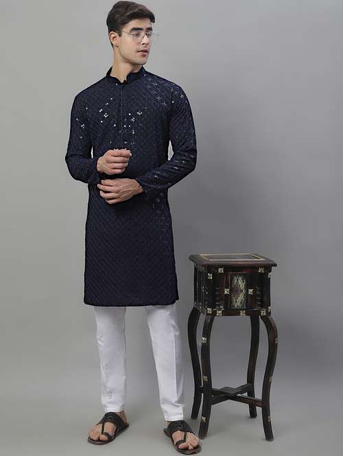 navy blue chikankari embroidered and sequin kurta pyjama. - 19969988 -  Standard Image - 0