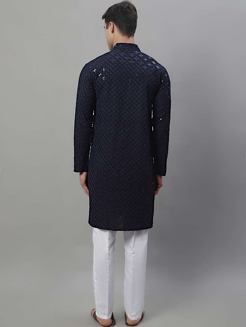 navy blue chikankari embroidered and sequin kurta pyjama. - 19969988 -  Standard Image - 3