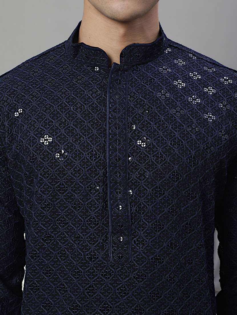 navy blue chikankari embroidered and sequin kurta pyjama. - 19969988 -  Standard Image - 5