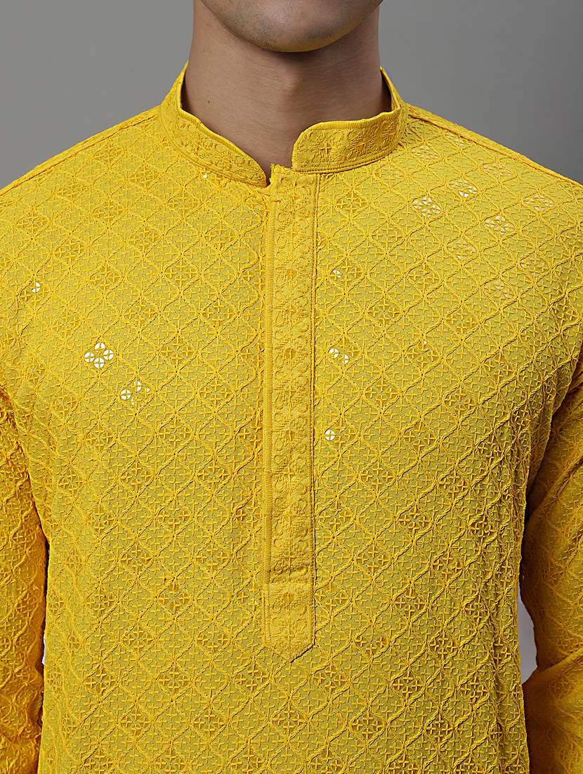 men yellow chikankari embroidered and sequin kurta pyjama set - 19969993 -  Standard Image - 5