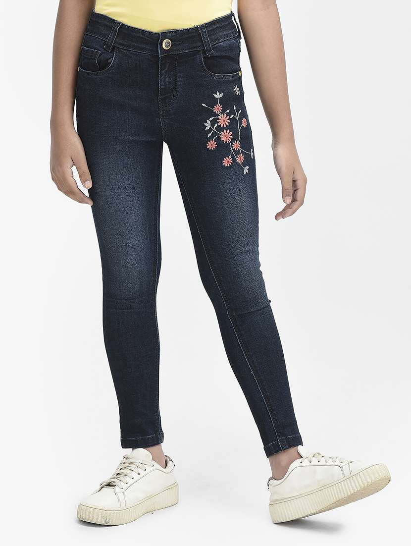 blue embroidered slim fit jeans