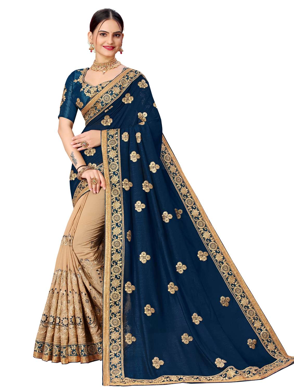 embroidered half and half saree with blouse