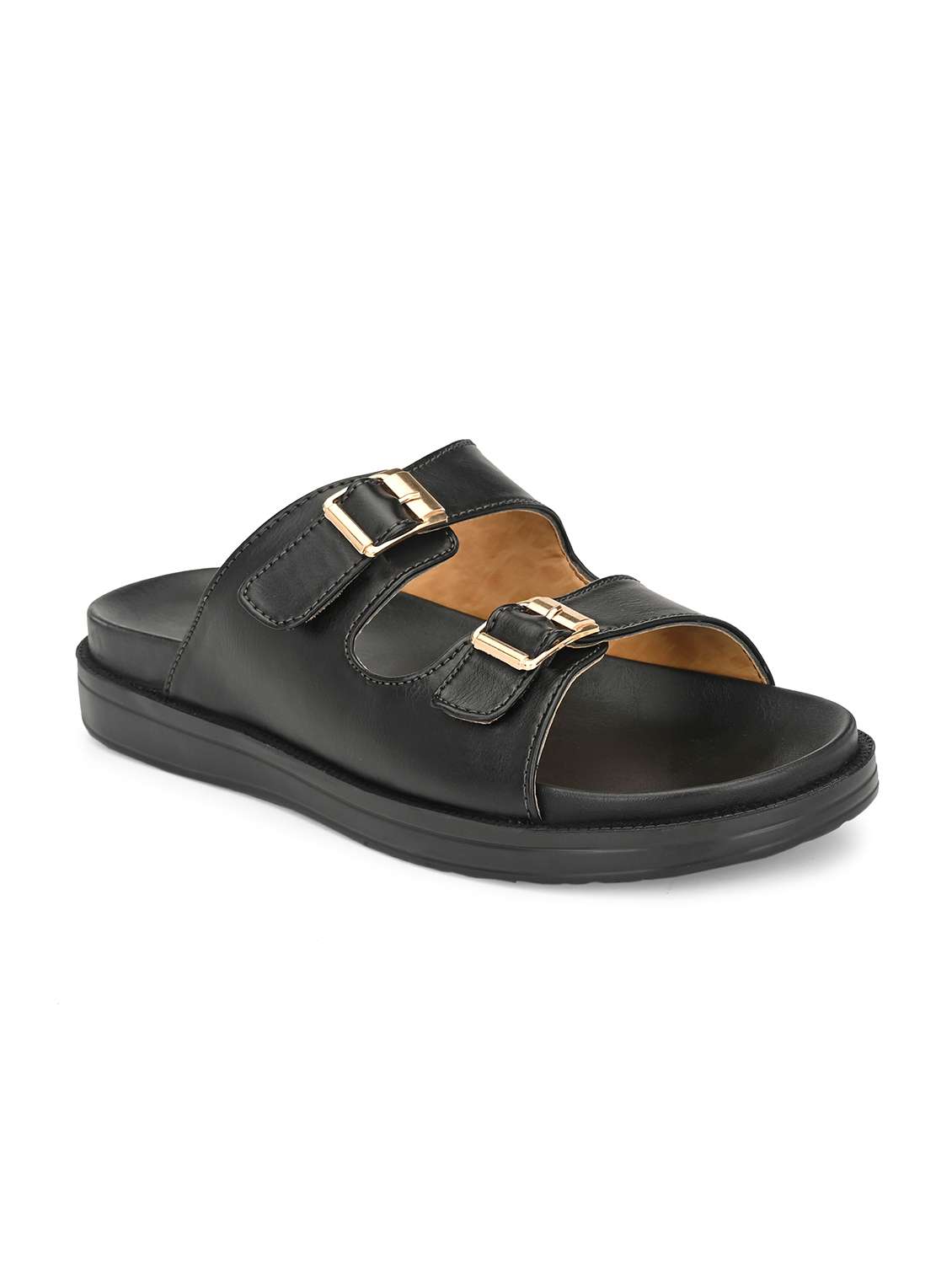 black synthetic & mesh slip on slippers
