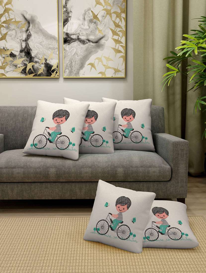 fabinaliv set of 5 off white 100% cotton embroidered square shape cushion covers (40x40 cm)