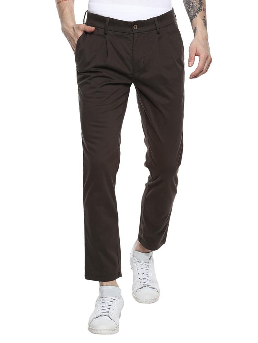 brown solid pleated ankle length casual trouser - 19981130 - Zoom Image - 0