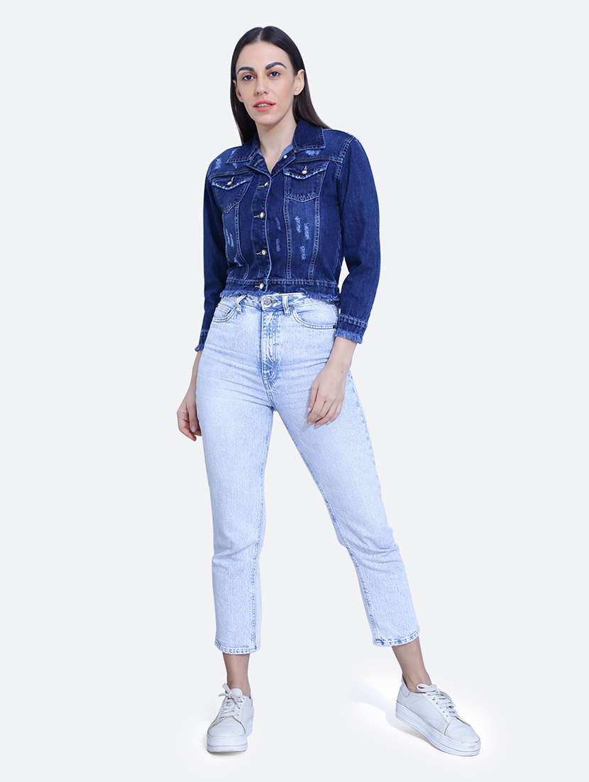 dark blue spread collar long sleeve denim jacket - 19982773 -  Standard Image - 3