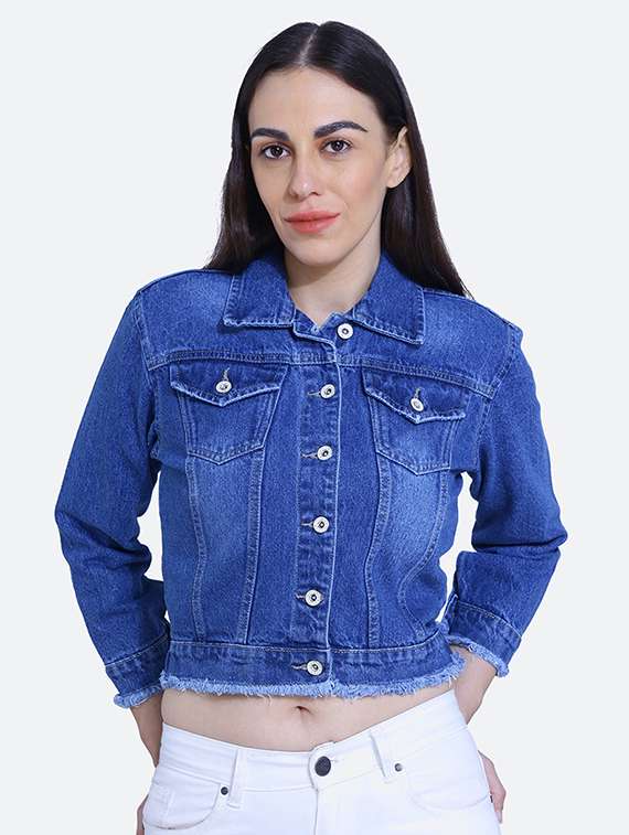  blue spread collar long sleeve denim jacket
