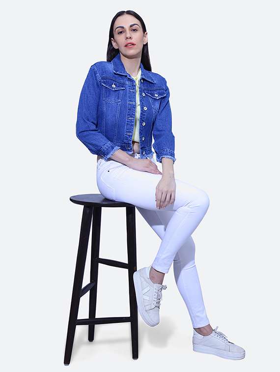  blue spread collar long sleeve denim jacket - 19982774 -  Standard Image - 3