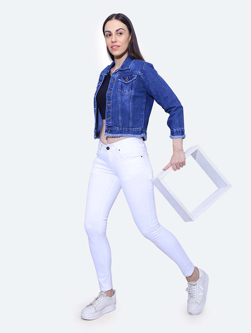 dark blue spread collar long sleeve denim jacket - 19982775 - Standard Image - 3