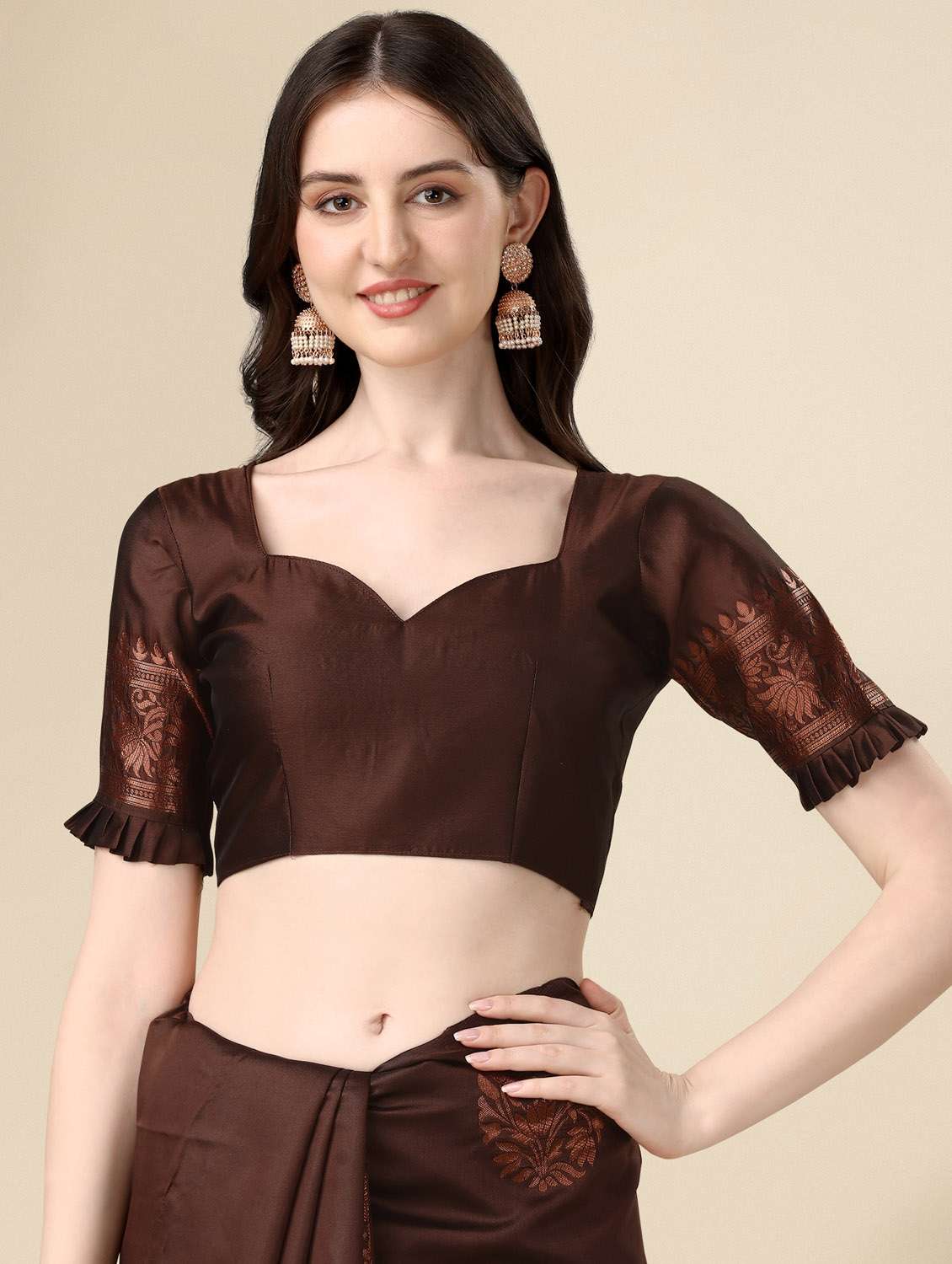 brown jacquard kanjivaram saree with blouse - 19983168 -  Standard Image - 3