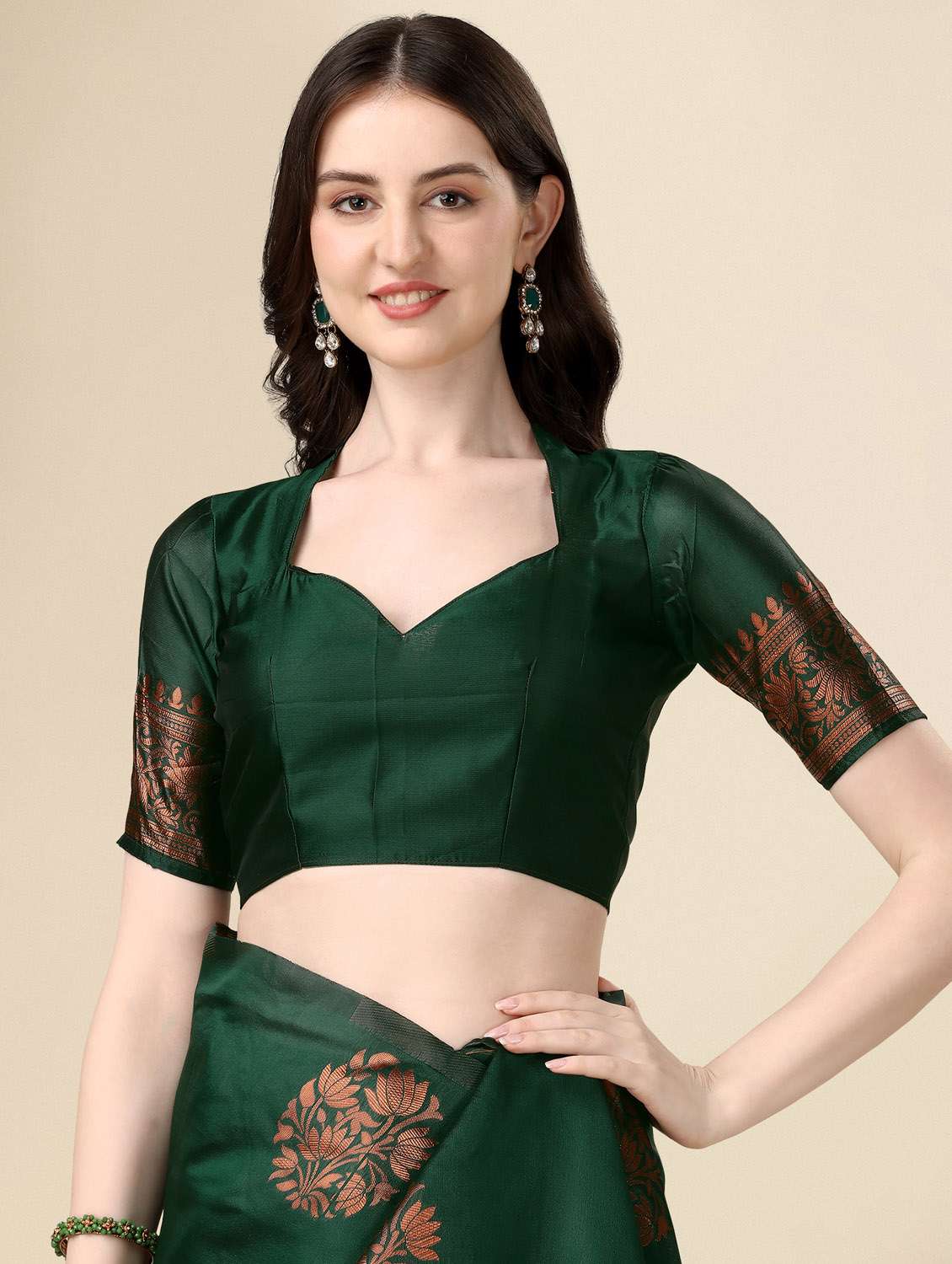 women's self design bottle green colored saree with blouse - 19983169 -  Standard Image - 3