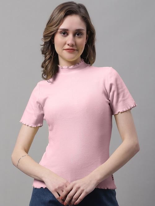 women pink solid mock neck regular top - 19986059 - Standard Image - 0