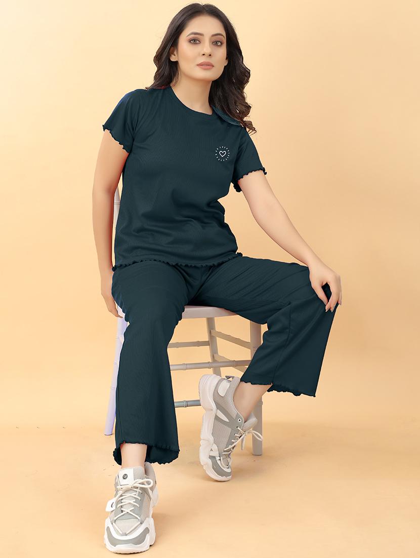 round neck solid nightwear pyjama set - 19986575 - Standard Image - 3
