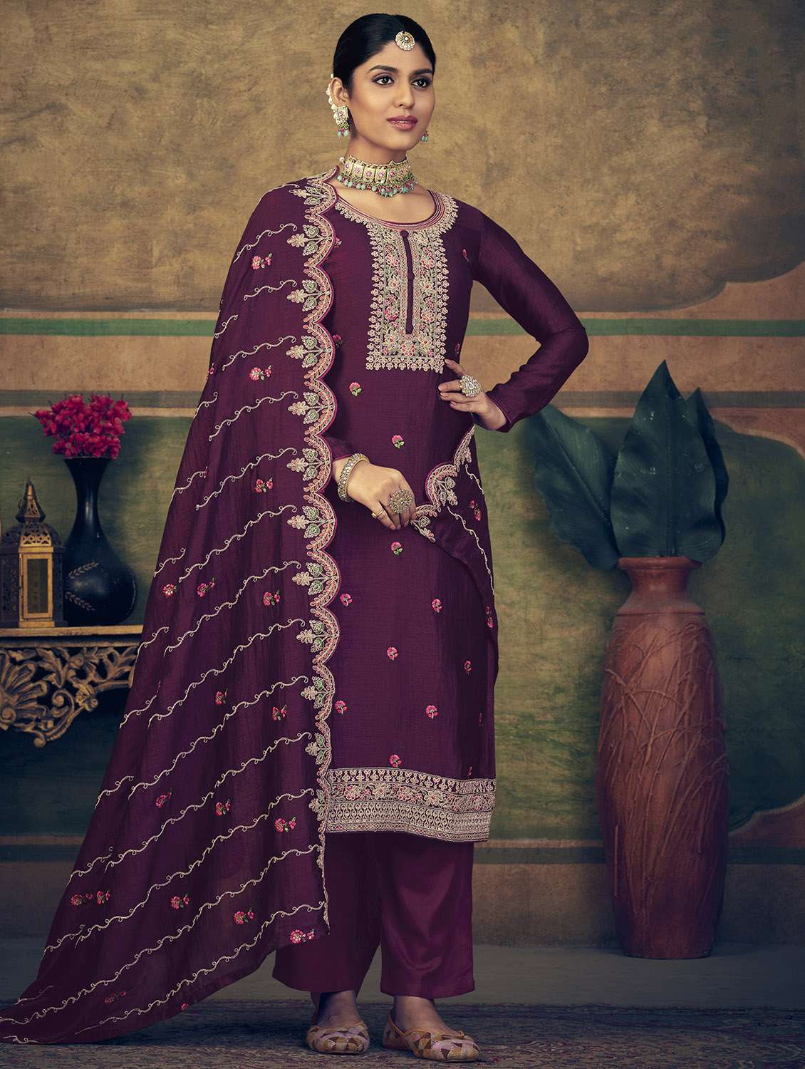 purple floral embroidered unstitched suit set