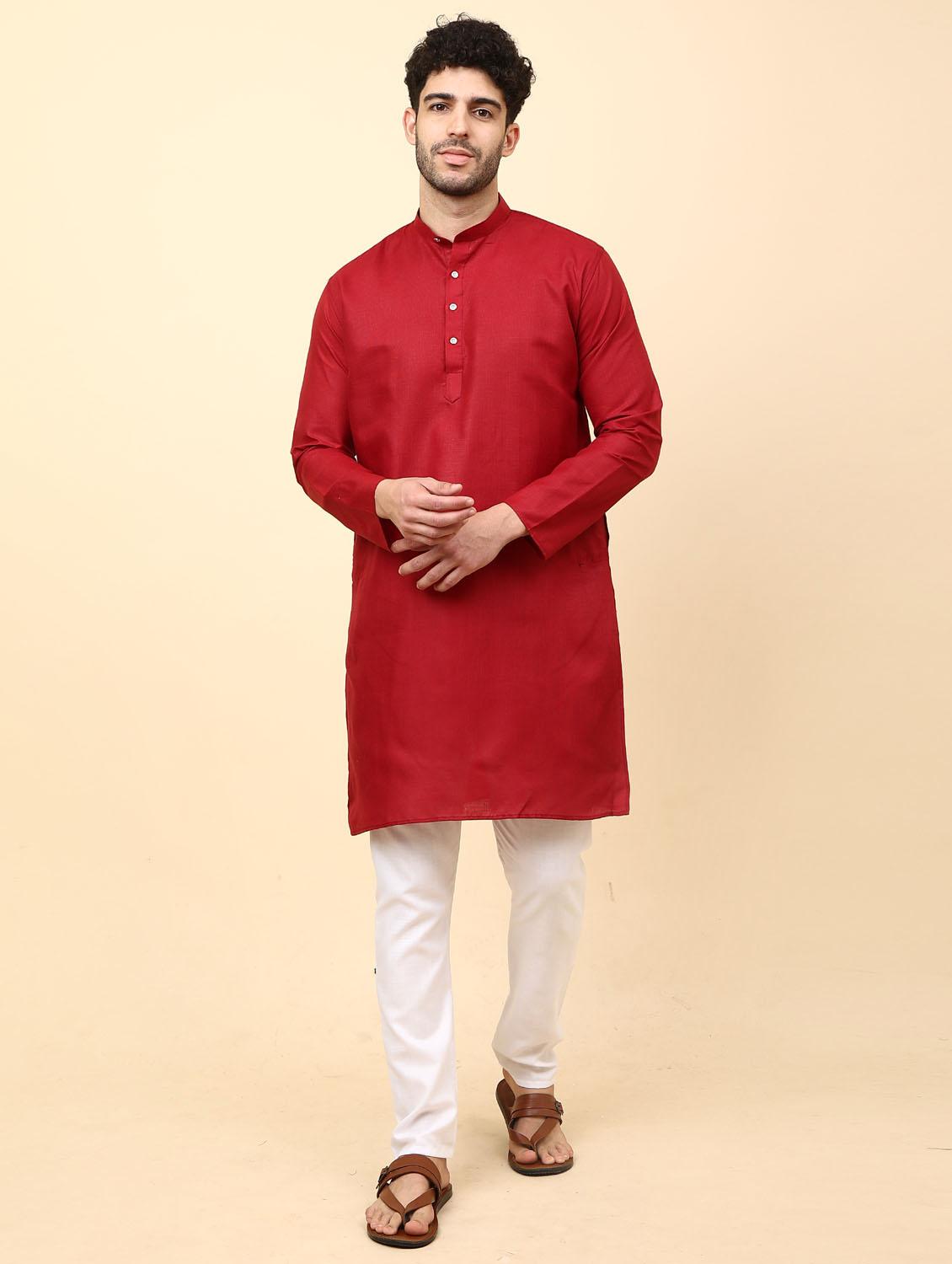 maroon solid mandarin neck kurta pyjama  set - 19992330 -  Zoom Image - 0
