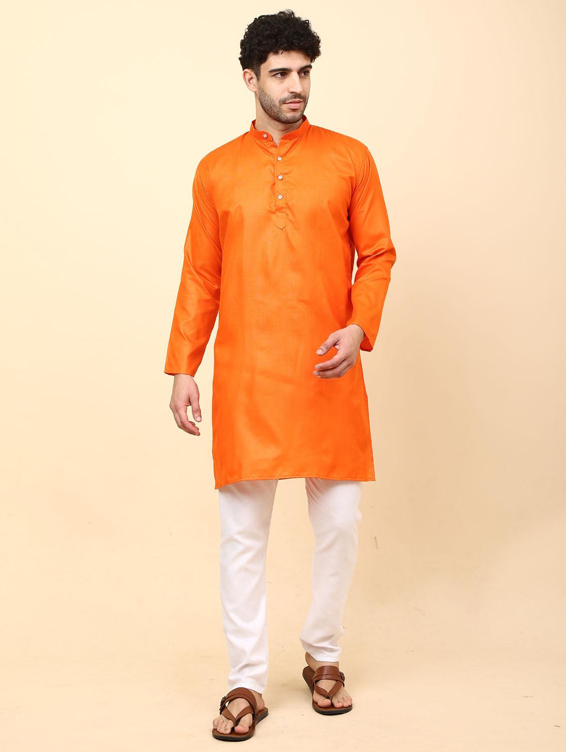 orange solid mandarin neck kurta pyjama set - 19992331 - Zoom Image - 0