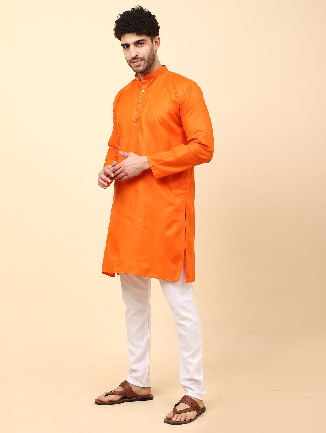 orange solid mandarin neck kurta pyjama set - 19992331 - Standard Image - 3