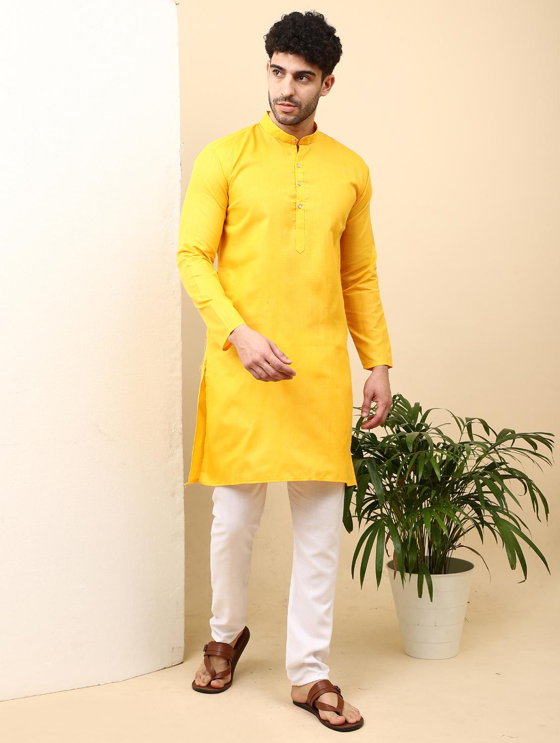 yellow solid mandarin neck kurta pyjama set - 19992332 - Zoom Image - 0
