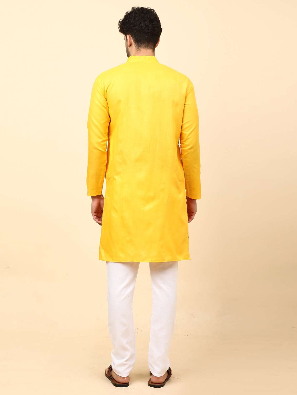 yellow solid mandarin neck kurta pyjama set - 19992332 - Standard Image - 3