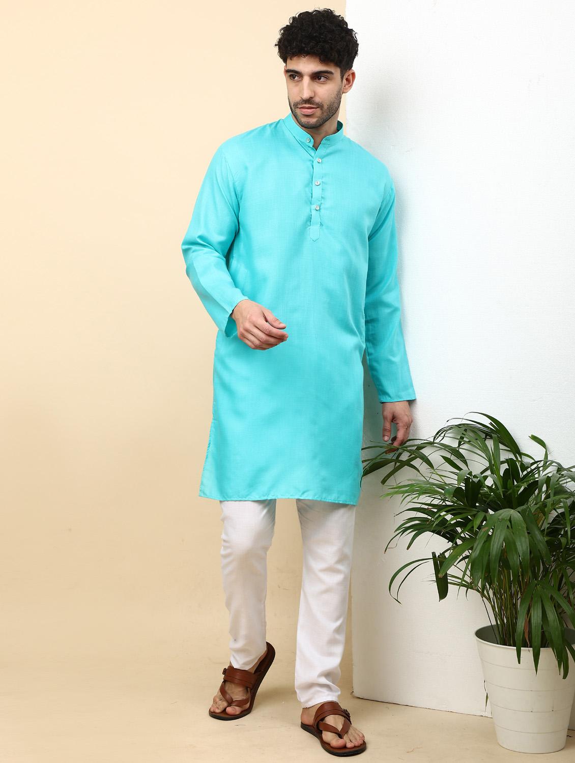 turquoise solid mandarin neck kurta pyjama  set - 19992334 -  Zoom Image - 0