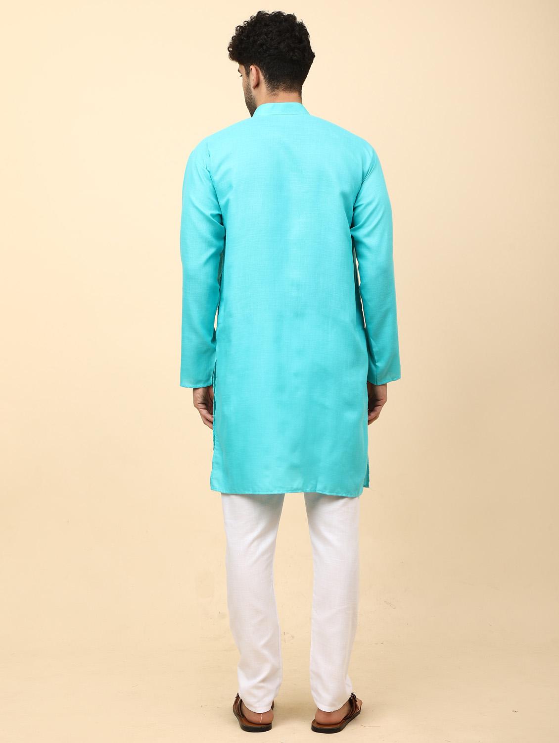 turquoise solid mandarin neck kurta pyjama set - 19992334 - Standard Image - 3