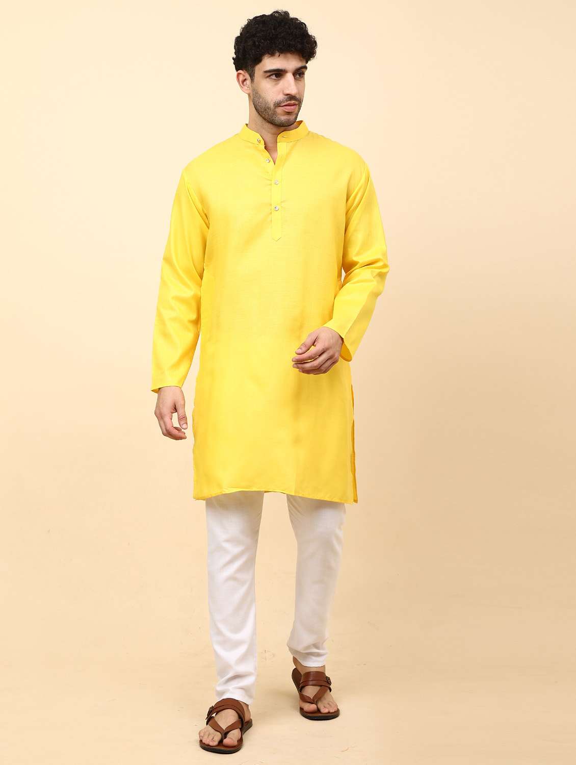 yellow solid mandarin neck kurta pyjama set - 19992335 - Zoom Image - 0