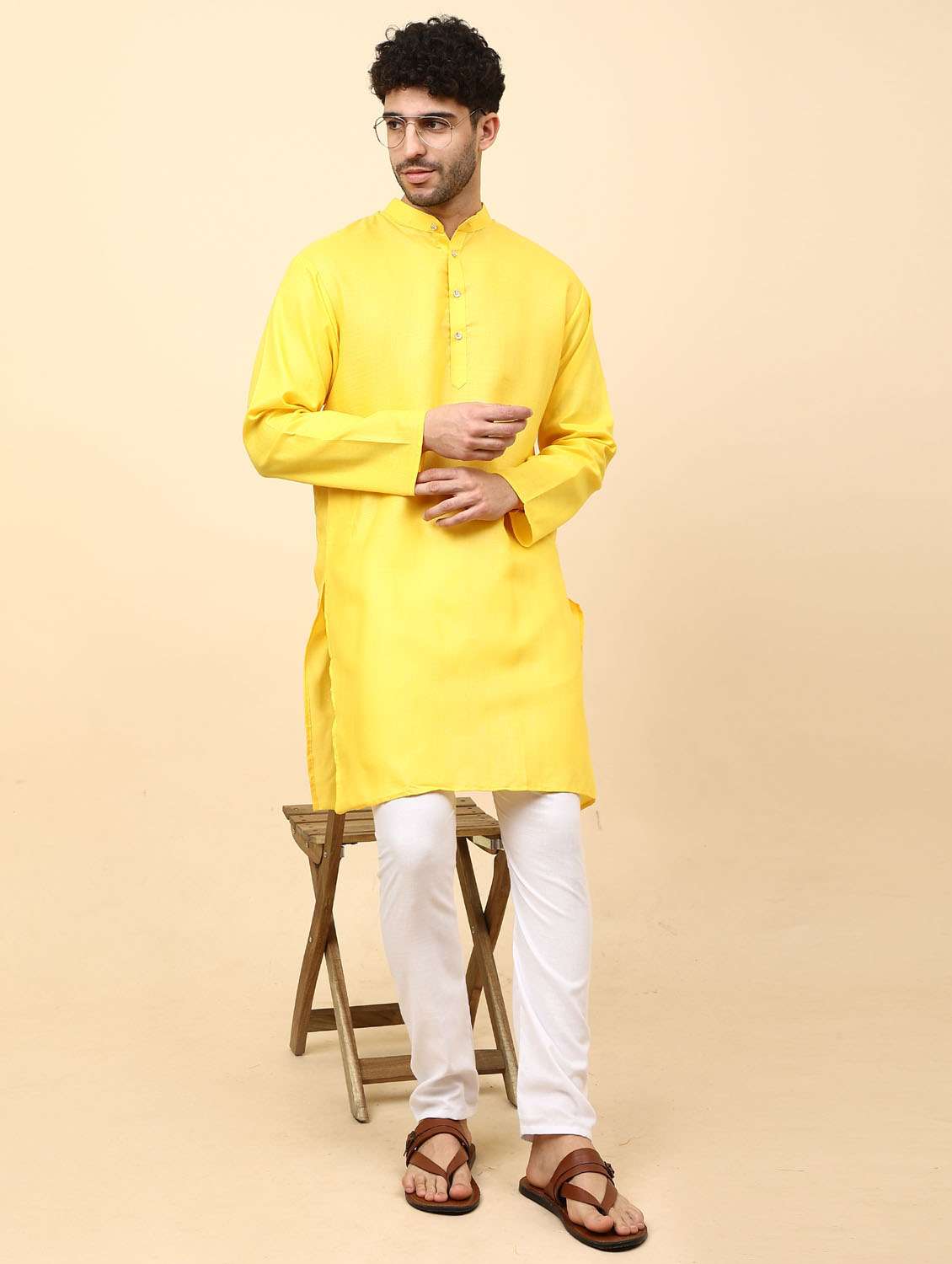 yellow solid mandarin neck kurta pyjama set - 19992335 - Standard Image - 3