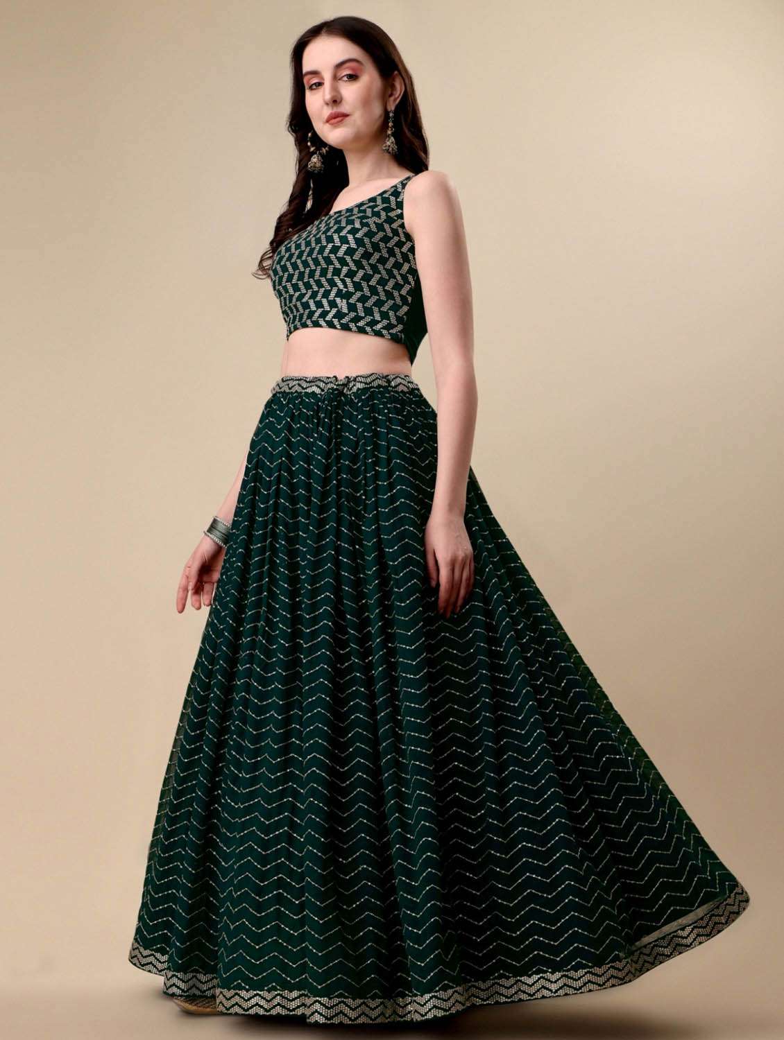 green sequined work flared lehenga - 19992355 -  Standard Image - 3