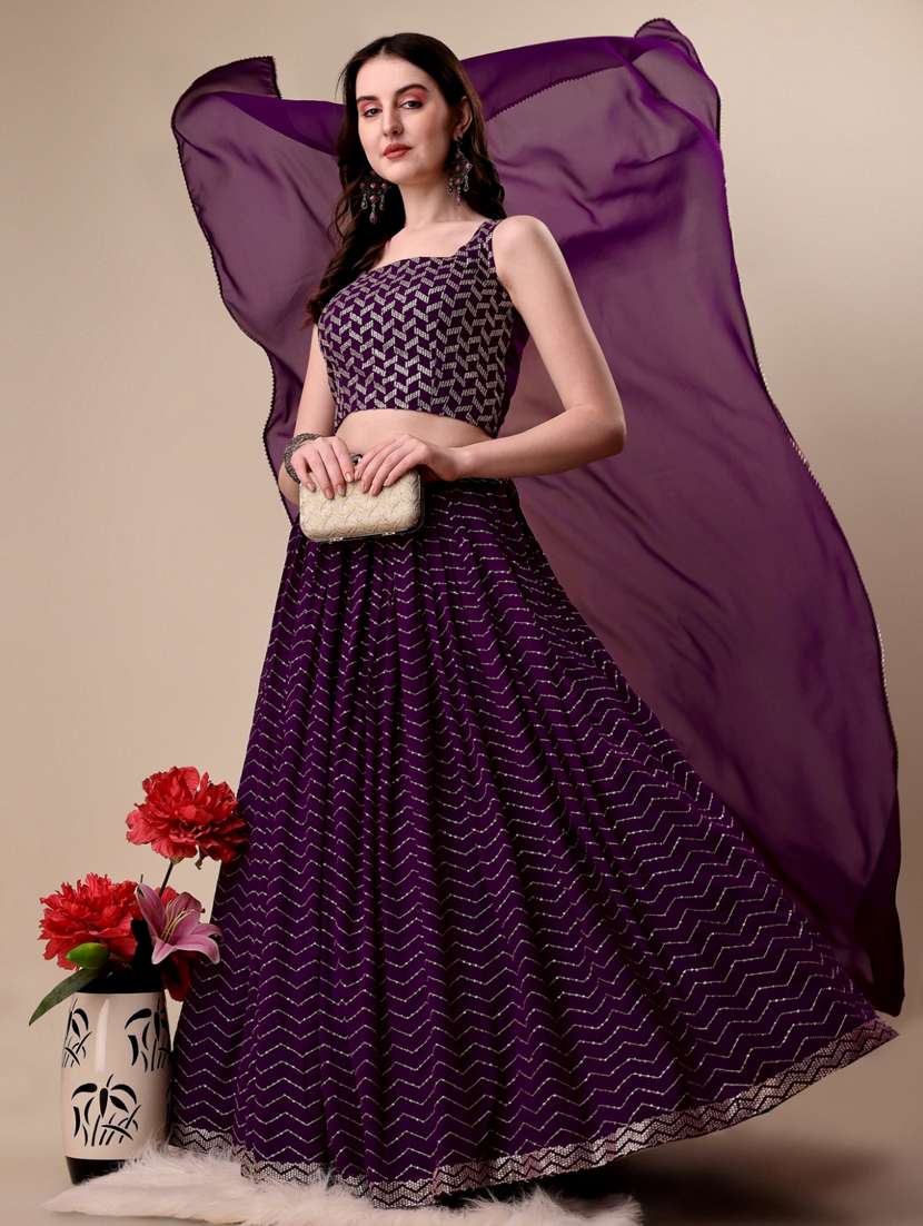 purple sequined work flared lehenga - 19992356 -  Standard Image - 3