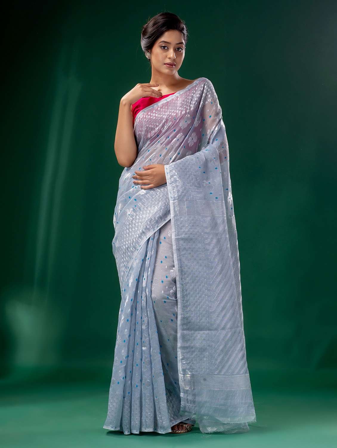 women's self design grey colored saree with blouse