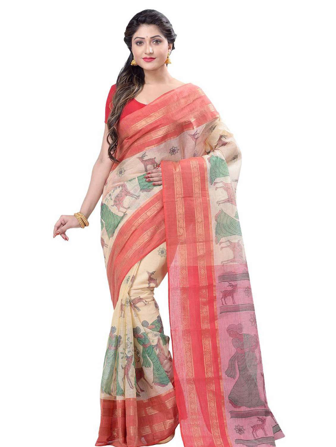 women's kalamkari beige colored saree