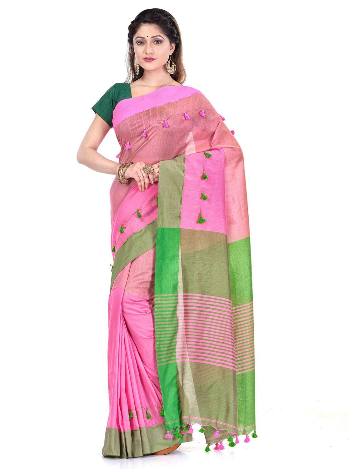 women's printed pink colored saree with blouse