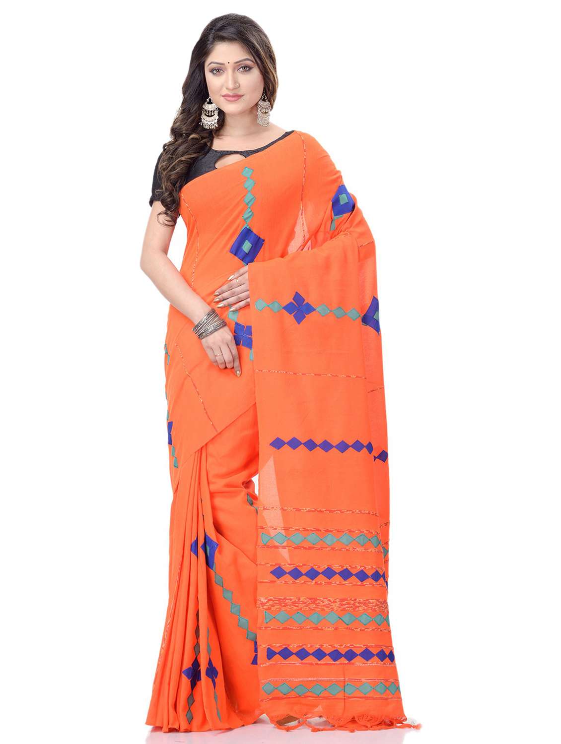 women's stripes orange colored saree with blouse