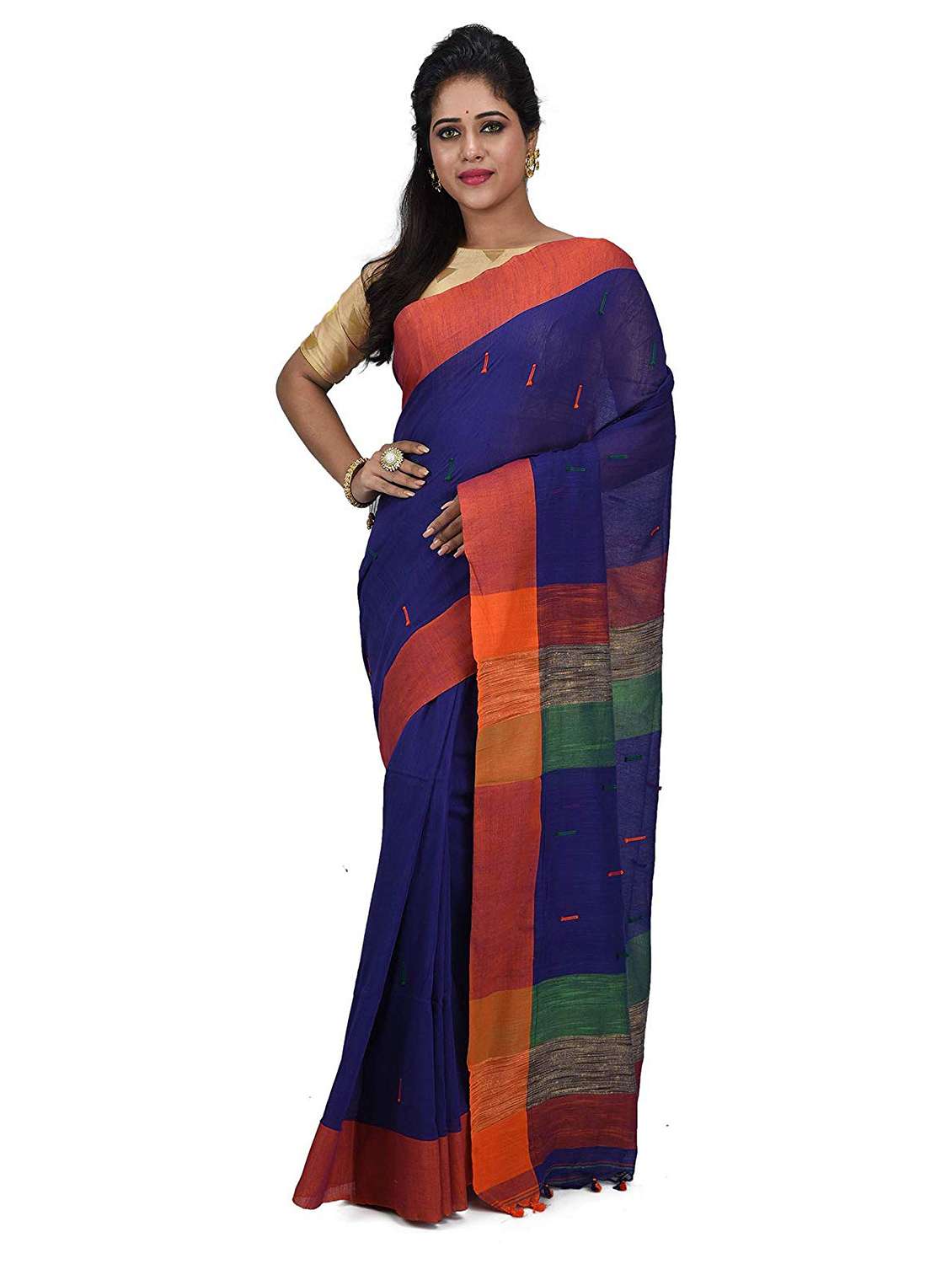 women's self design navy blue colored saree with blouse
