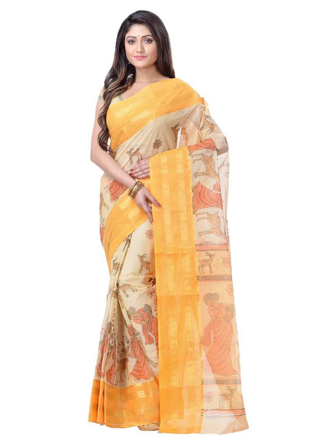 women's printed cream colored saree