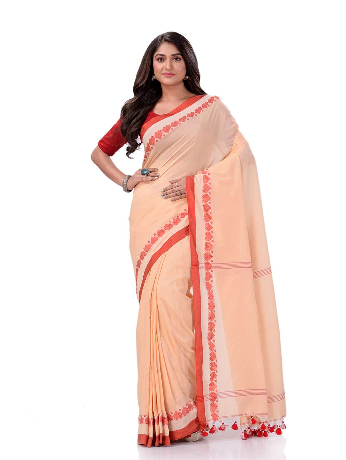 women's self design peach colored saree with blouse