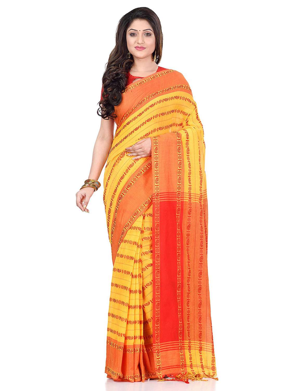 women's stripes yellow colored saree with blouse