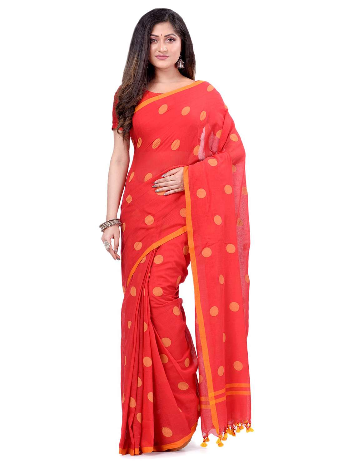 women's polka dots red colored saree