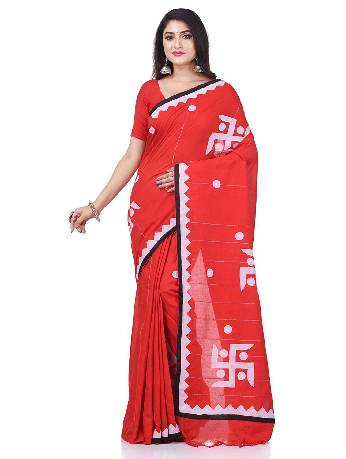 women's self design red colored saree with blouse