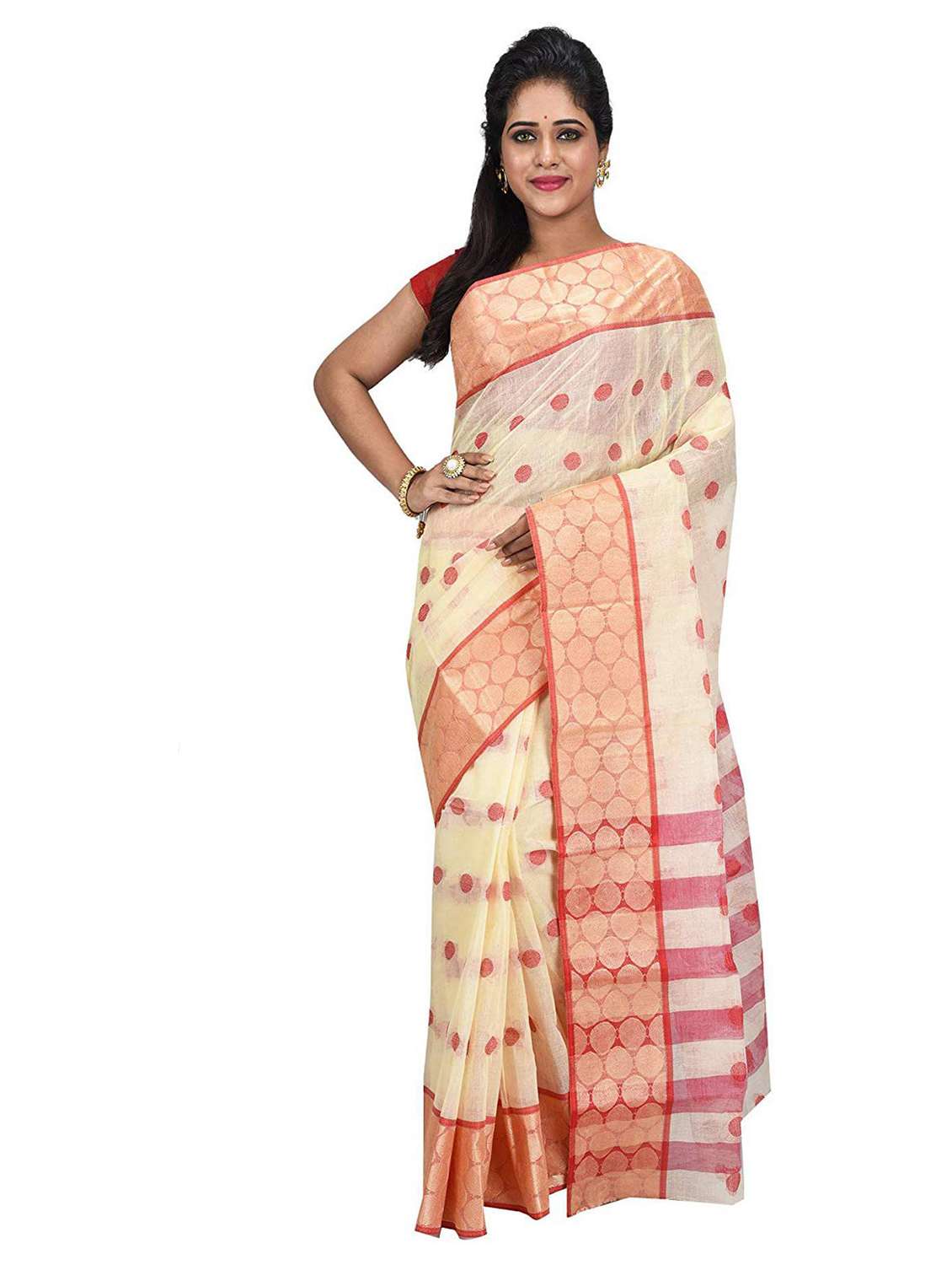 women's self design cream colored saree