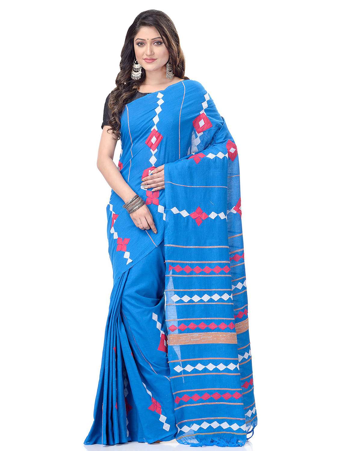women's stripes blue colored saree with blouse