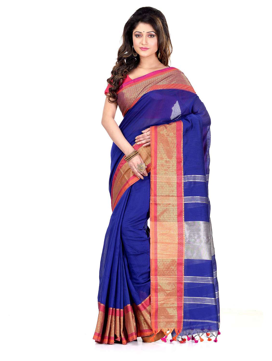women's self design royal blue colored saree with blouse