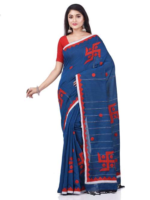 dark blue cotton handloom saree with blouse - 19994977 - Standard Image - 0
