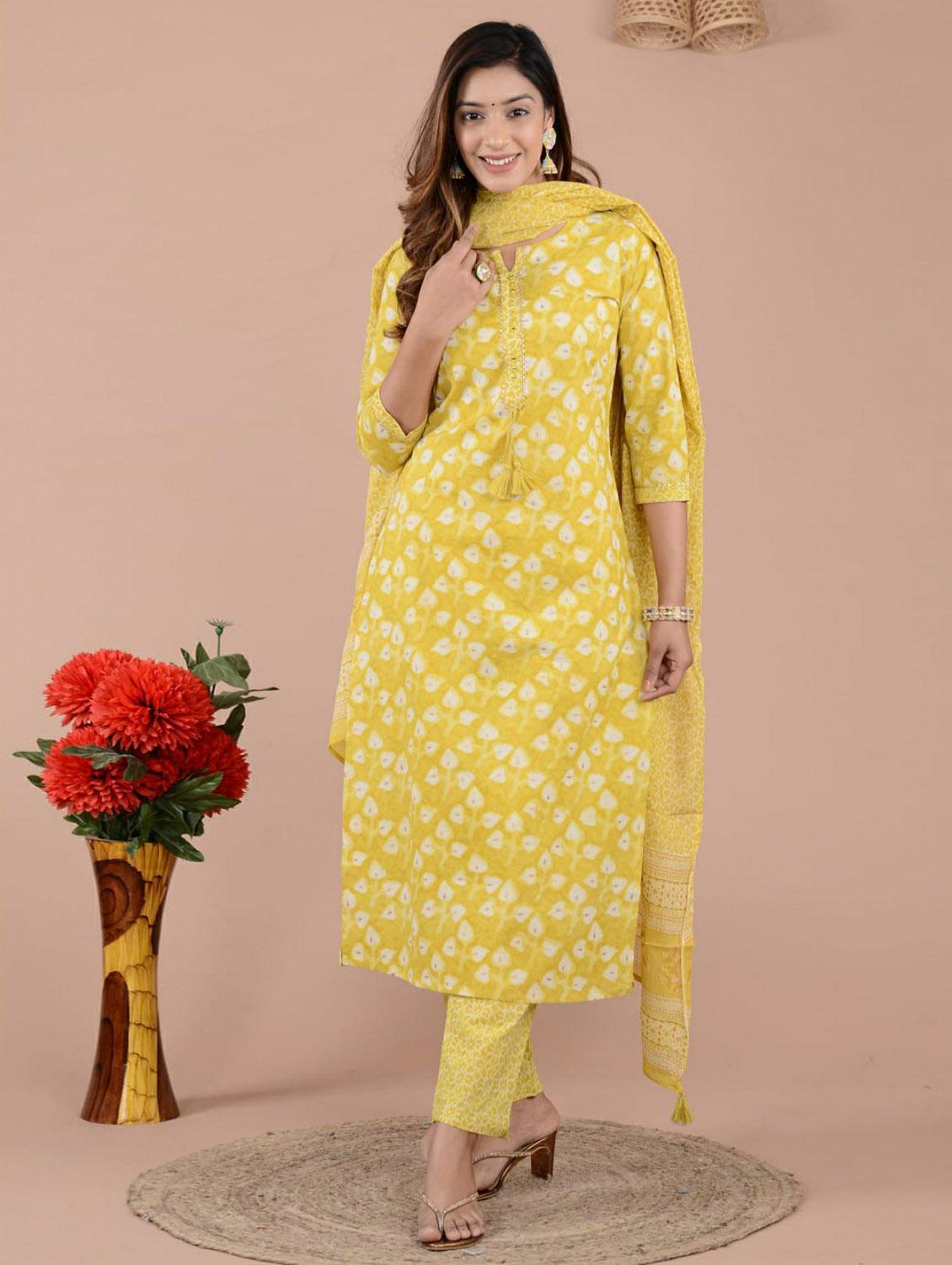 yellow printed three quarter sleeve kurta pant set with dupatta - 19995592 -  Zoom Image - 0