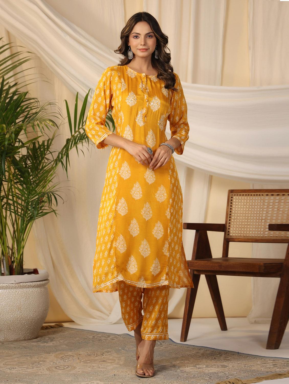 yellow printed three quarter sleeve kurta pant set - 19995594 - Zoom Image - 0